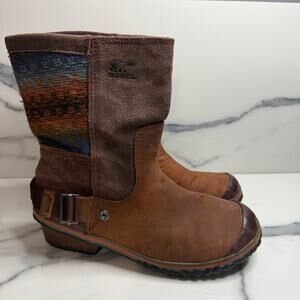 Sorel Wmns Brown Waterproof Leather Slimshortie Chevron Boot Sz 7 Blanket Style